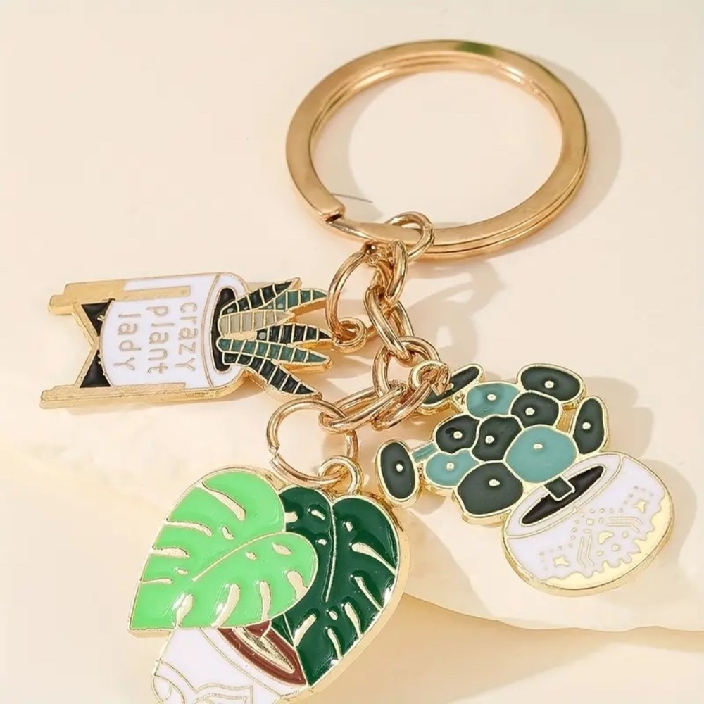 Cute Plant Lover Keychain “Crazy Plant Lady” Charm Ring Cactus & Succulent Gifts - Picture 4 of 4